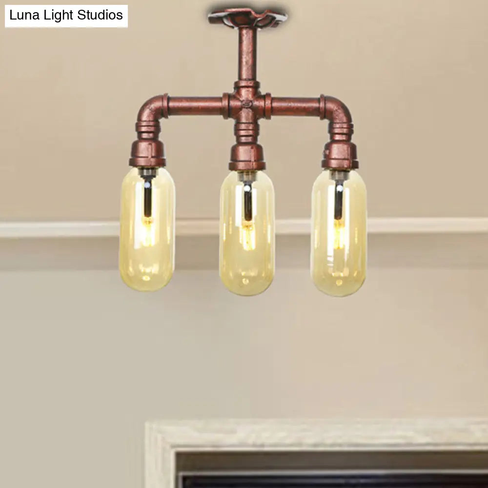 Industrial Style Amber Glass Semi Flush Mount Ceiling Light With Weathered Copper Finish - 3/4/5