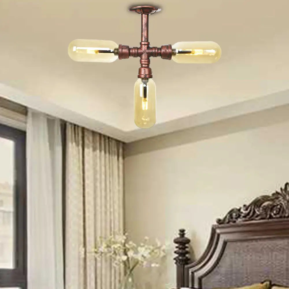 Industrial Style Amber Glass Semi Flush Mount Ceiling Light With Weathered Copper Finish - 3/4/5