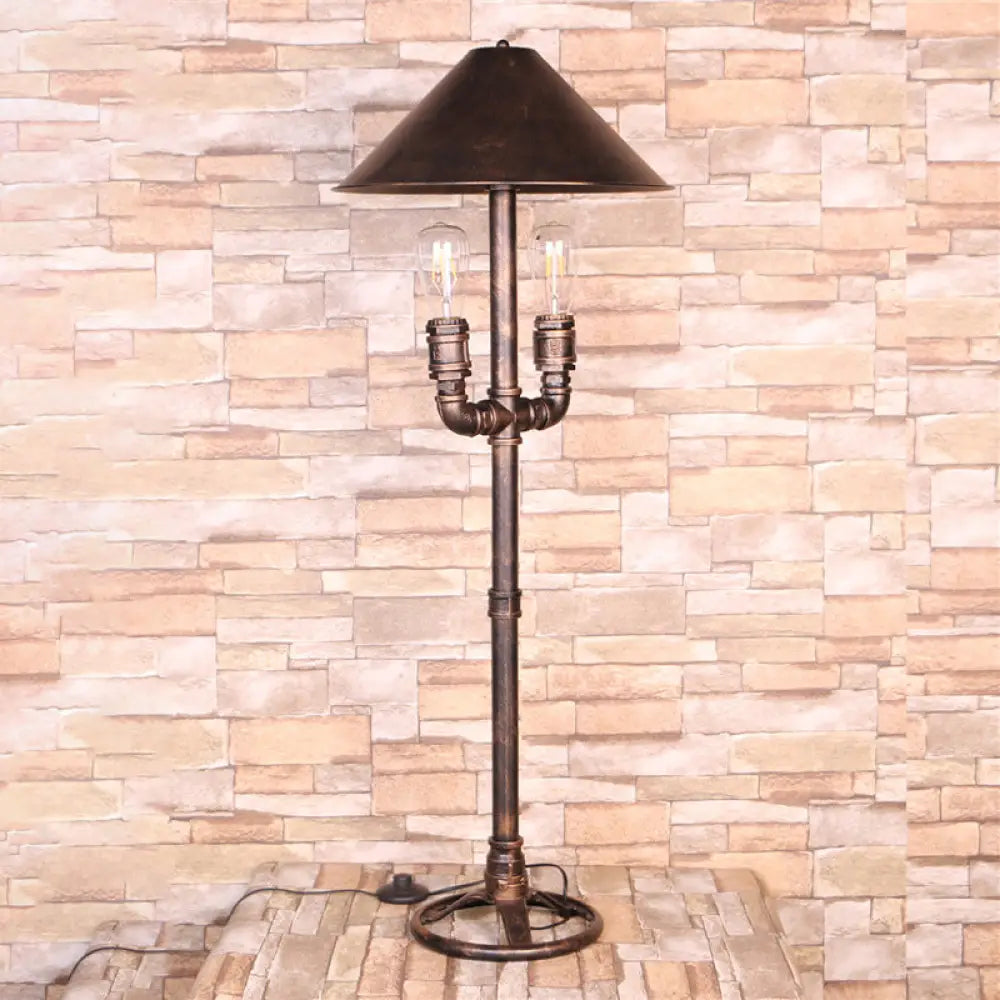 Industrial Style Antique Bronze Metal Table Lamp With Exposed Bulb - 2 Lights Indoor Desk Lighting