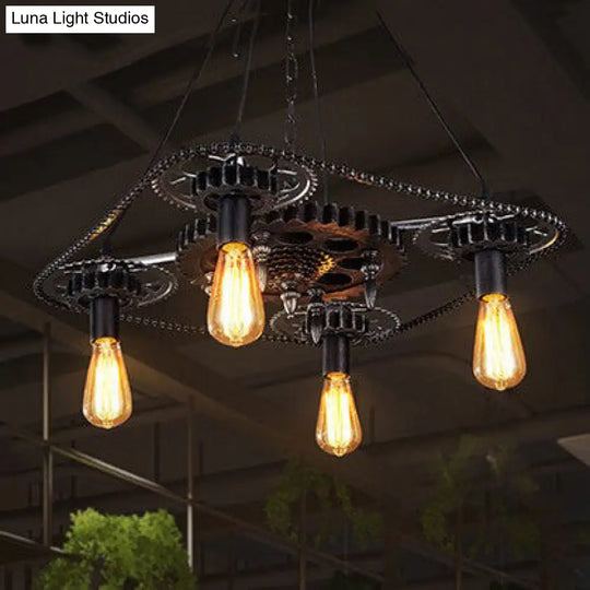 Black Finish Industrial Style Ceiling Fixture With Metallic Bare Bulb Pendant Light - 4 Heads And