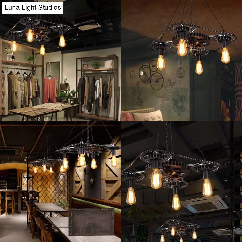 Black Finish Industrial Style Ceiling Fixture With Metallic Bare Bulb Pendant Light - 4 Heads And