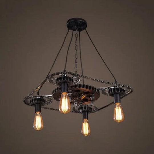 Industrial Style Bare Bulb Pendant Light With Black Finish And Gear Deco – 4 Heads Ceiling Fixture