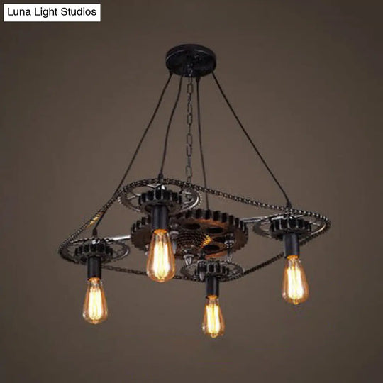 Black Finish Industrial Style Ceiling Fixture With Metallic Bare Bulb Pendant Light - 4 Heads And