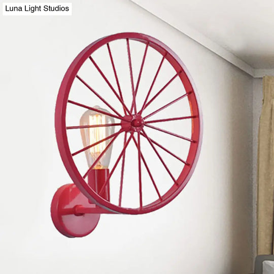 Industrial Style Bare Bulb Wall Lamp With Wheel Design - Modern Metal 1 Light Black/White/Red