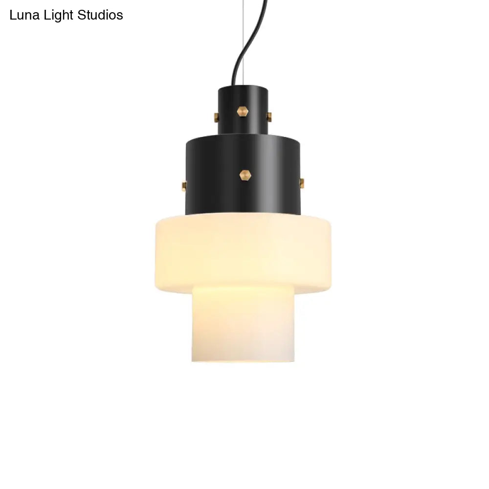 Industrial Style Bedroom Pendant Light - Column Design With White Glass Shade And Black Down