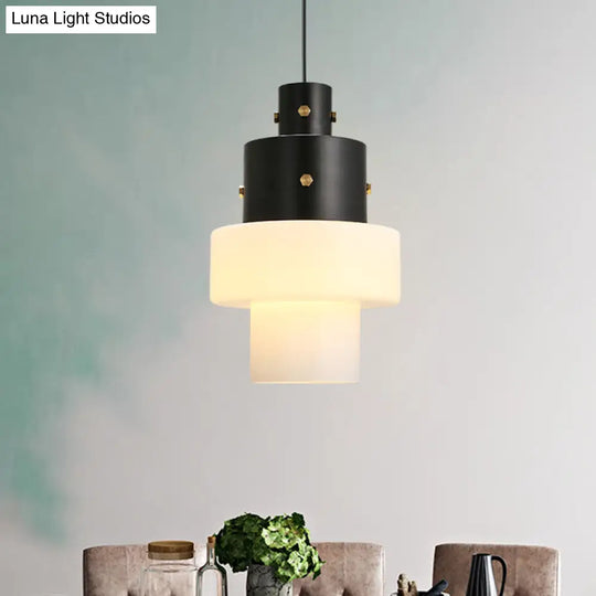 Industrial Style White Glass Pendant Light For Bedroom Ceiling - Column Design With 1 Head Black