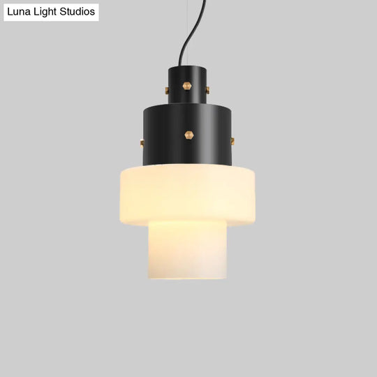 Industrial Style Bedroom Pendant Light - Column Design With White Glass Shade And Black Down