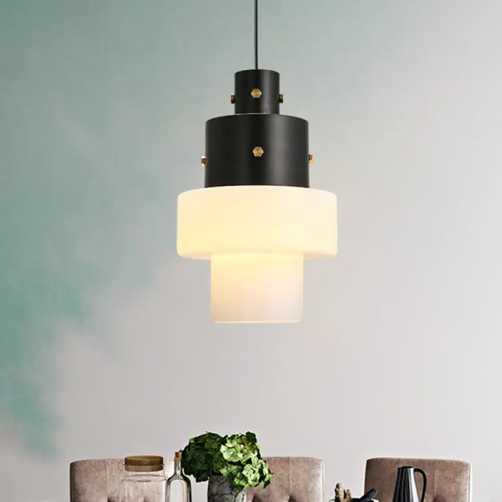 Industrial Style Bedroom Pendant Light - Column Design With White Glass Shade And Black Down