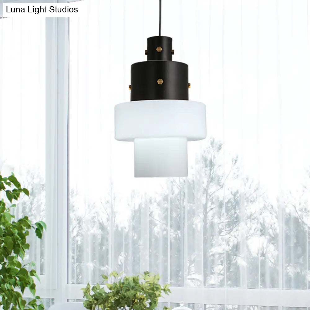 Industrial Style Bedroom Pendant Light - Column Design With White Glass Shade And Black Down