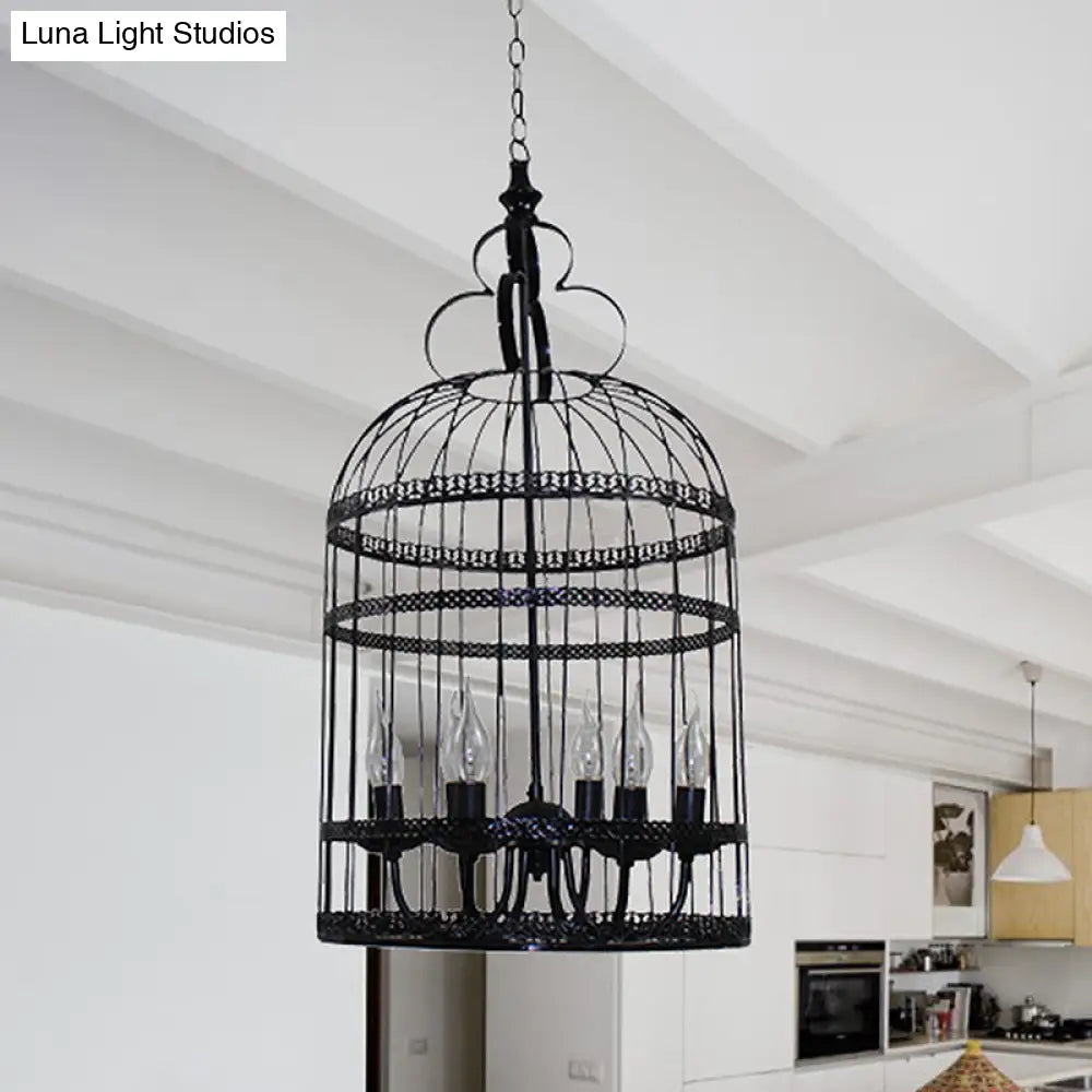 Industrial Style Bird Cage Hanging Light With Candle - Black Metallic Chandelier Lamp For Bedroom