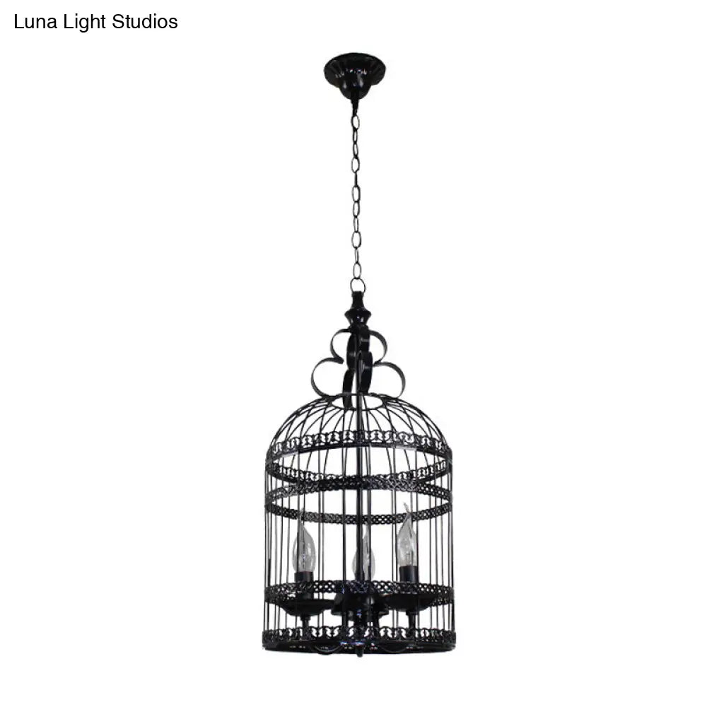 Industrial Style Bird Cage Hanging Light With Candle - Black Metallic Chandelier Lamp For Bedroom