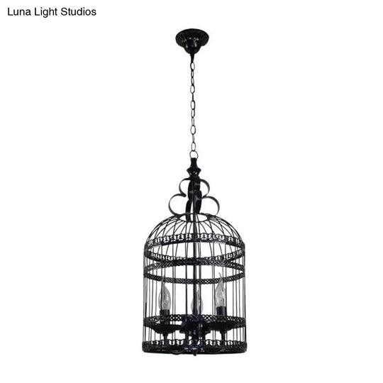 Industrial Style Bird Cage Hanging Light With Candle - Black Metallic Chandelier Lamp For Bedroom