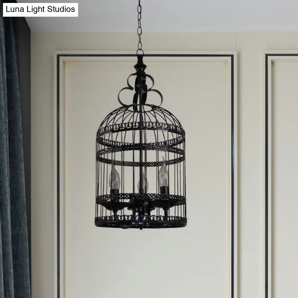 Industrial Style Bird Cage Hanging Light With Candle - Black Metallic Chandelier Lamp For Bedroom