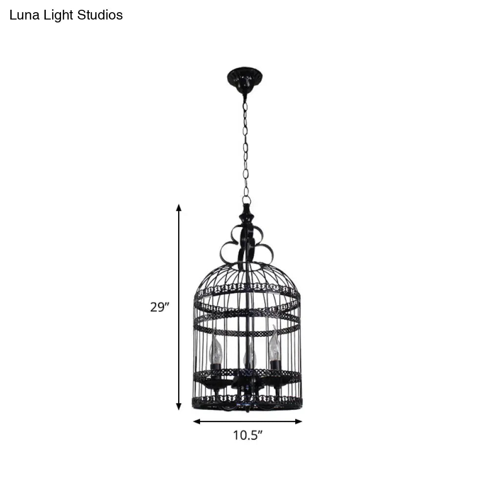 Industrial Style Bird Cage Hanging Light With Candle - Black Metallic Chandelier Lamp For Bedroom