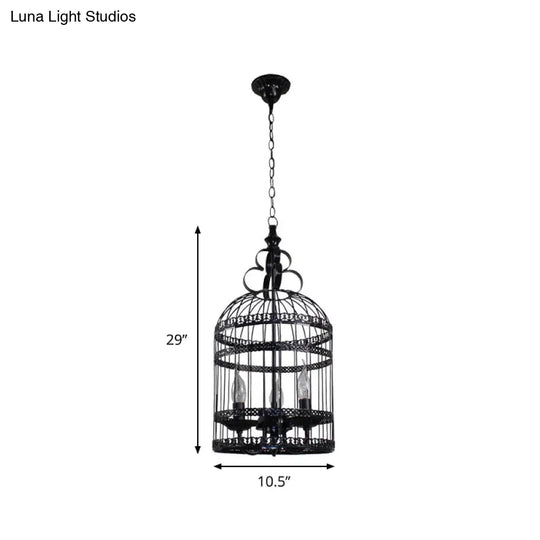 Industrial Style Bird Cage Hanging Light With Candle - Black Metallic Chandelier Lamp For Bedroom