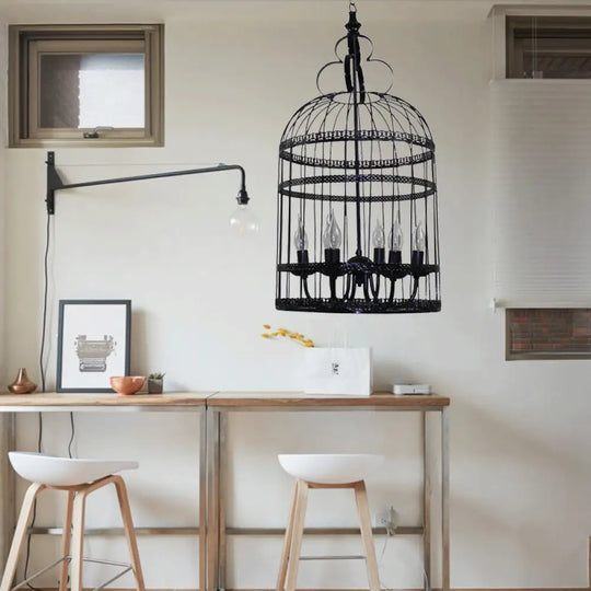 Industrial Style Bird Cage Hanging Light With Candle - Black Metallic Chandelier Lamp For Bedroom