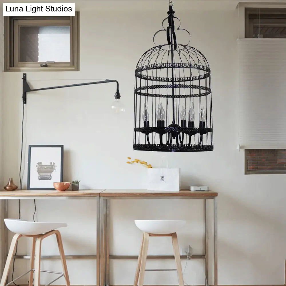 Bird Cage Hanging Light With Candle: Creative Industrial Style Chandelier For Bedroom - 3/6 Bulbs