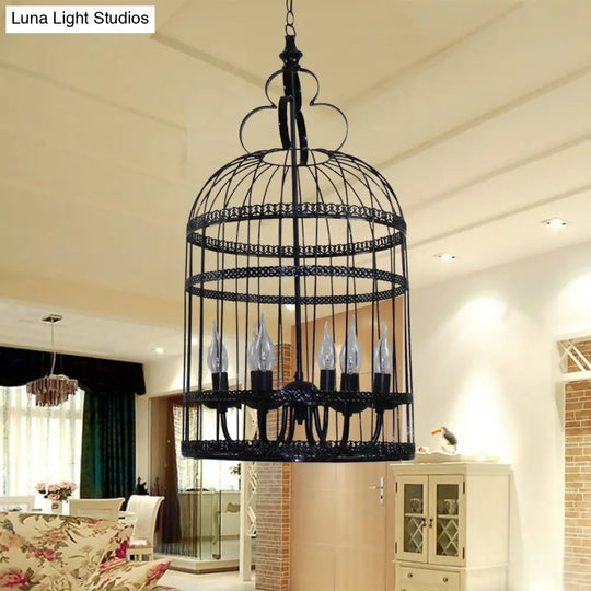 Industrial Style Bird Cage Hanging Light With Candle - Black Metallic Chandelier Lamp For Bedroom