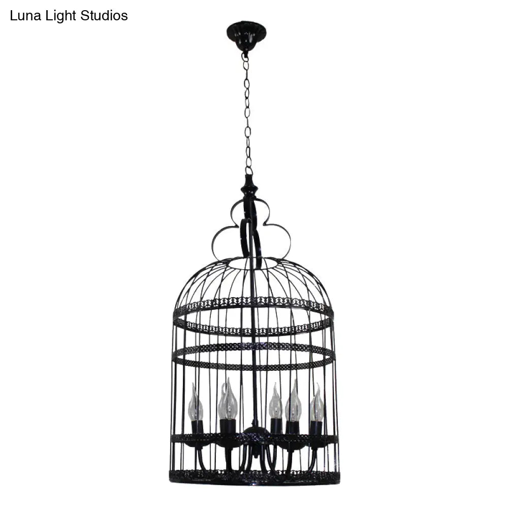 Industrial Style Bird Cage Hanging Light With Candle - Black Metallic Chandelier Lamp For Bedroom