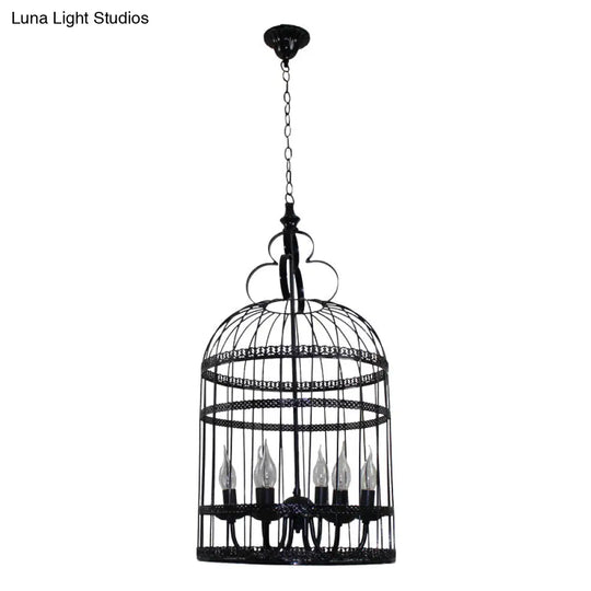 Industrial Style Bird Cage Hanging Light With Candle - Black Metallic Chandelier Lamp For Bedroom