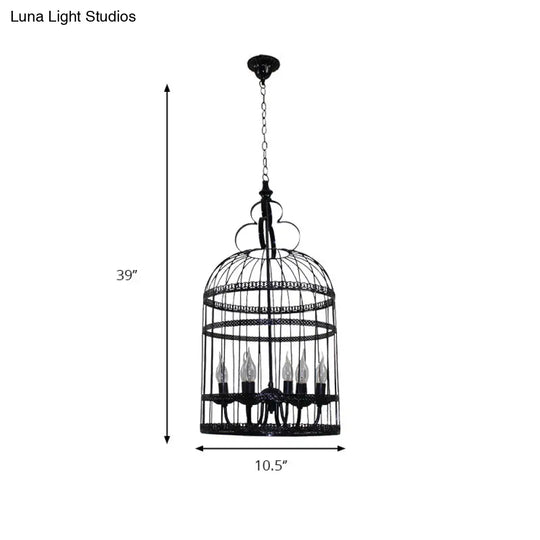 Industrial Style Bird Cage Hanging Light With Candle - Black Metallic Chandelier Lamp For Bedroom