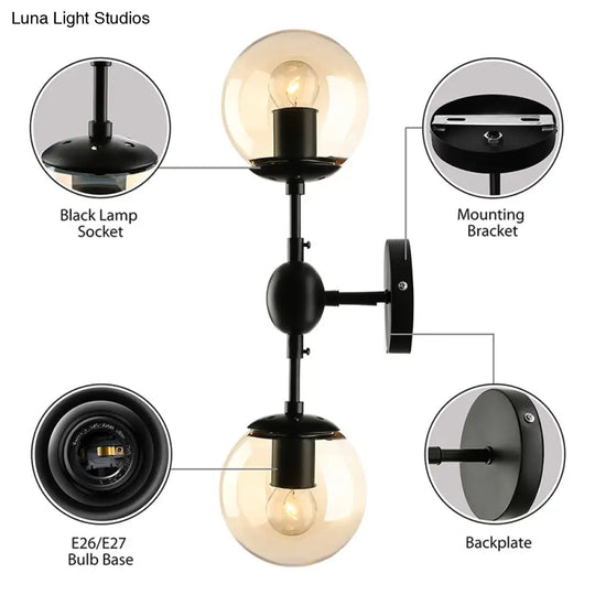 Industrial-Style Black 2-Light Sconce With Amber Glass Globes - Perfect For Living Room Lighting