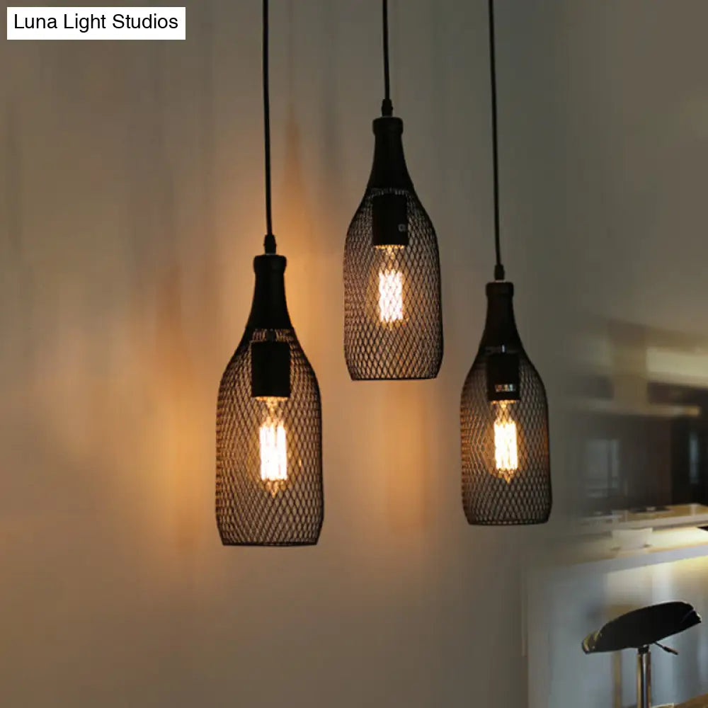 Industrial Style Black Metal Pendant Light With 3/6 Lights Mesh Shade And Restaurant Hanging Lamp