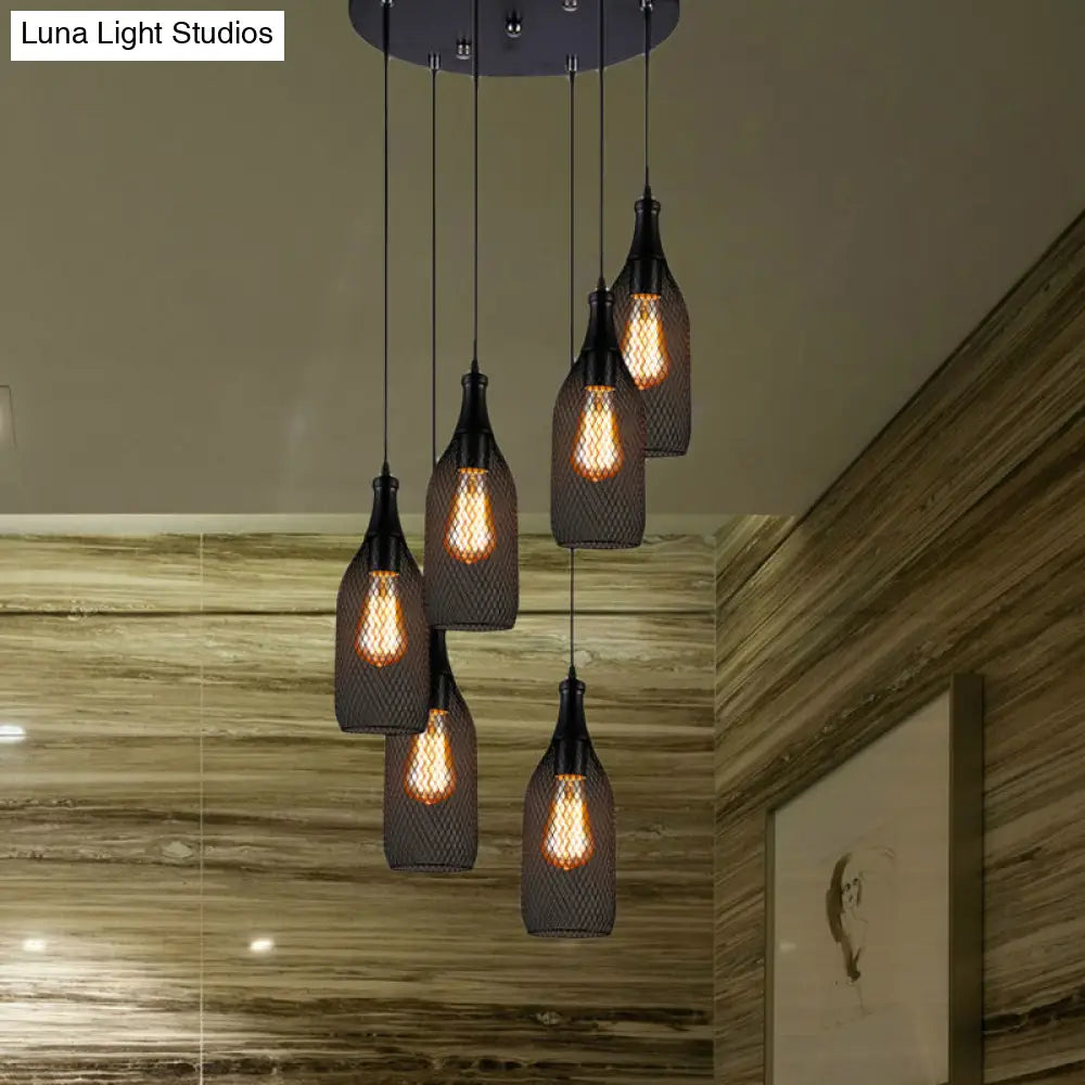 Industrial Style Black Bottle Mesh Pendant Light With 3/6 Lights - Ideal For Restaurants