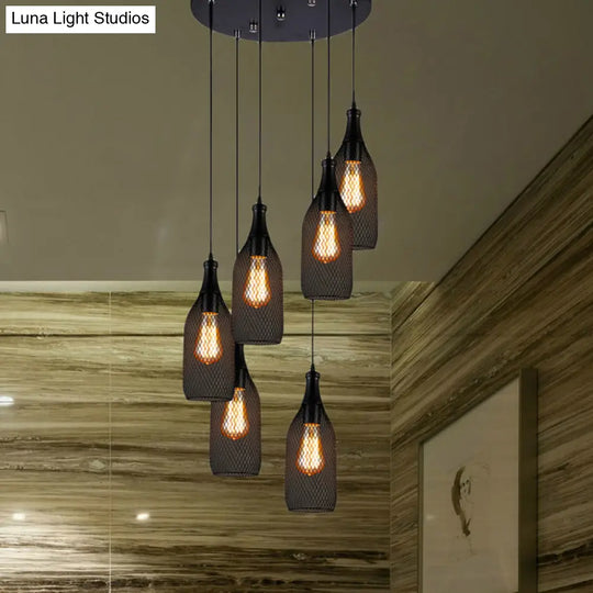 Industrial Style Black Bottle Mesh Pendant Light With 3/6 Lights - Ideal For Restaurants