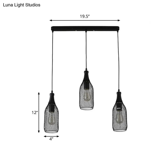 Industrial Style Black Bottle Mesh Pendant Light With 3/6 Lights - Ideal For Restaurants