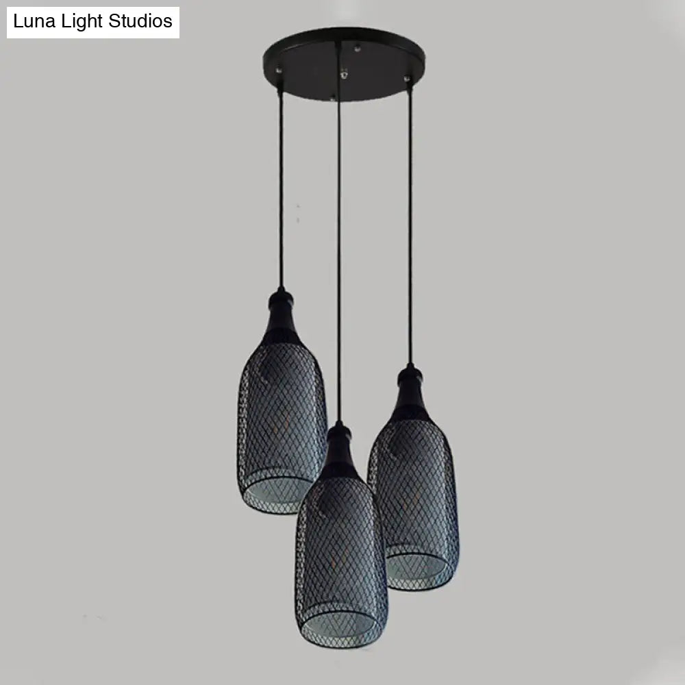 Industrial Style Black Metal Pendant Light With 3/6 Lights Mesh Shade And Restaurant Hanging Lamp