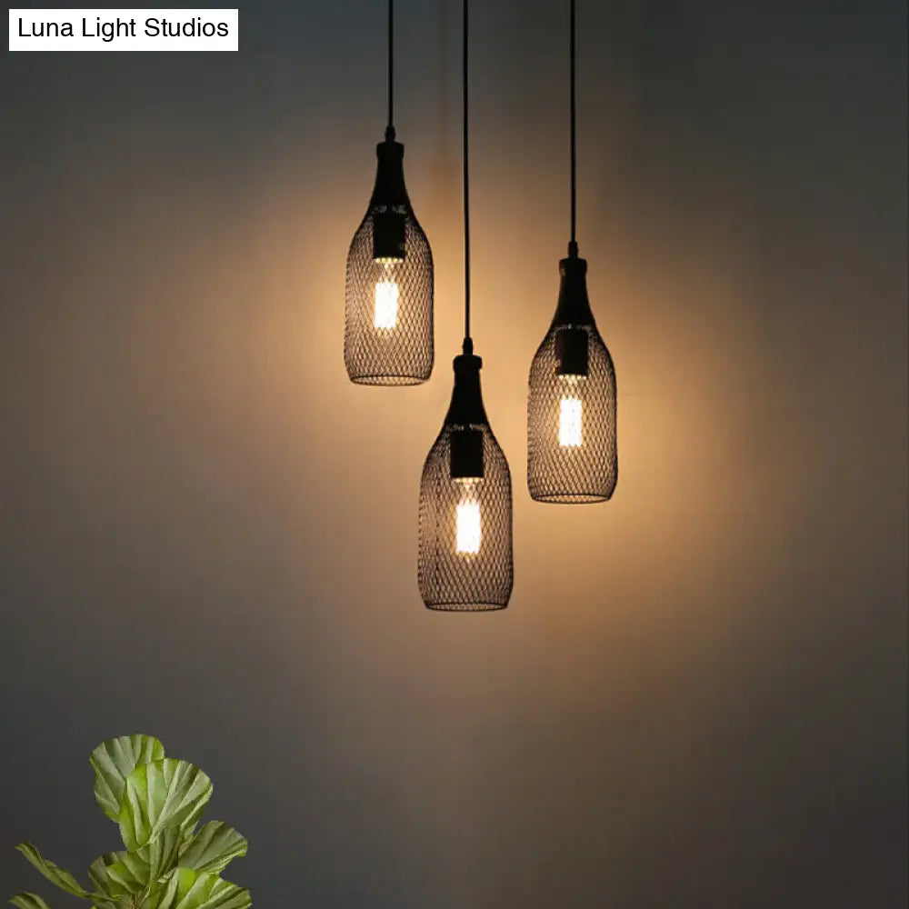 Industrial Style Black Bottle Mesh Pendant Light With 3/6 Lights - Ideal For Restaurants