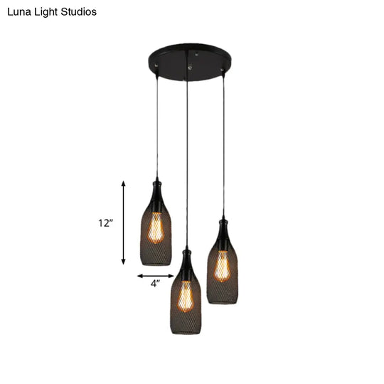 Industrial Style Black Bottle Mesh Pendant Light With 3/6 Lights - Ideal For Restaurants