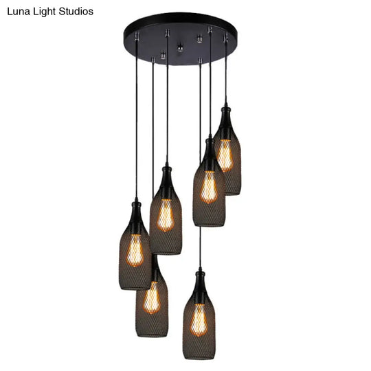 Industrial Style Black Metal Pendant Light With 3/6 Lights Mesh Shade And Restaurant Hanging Lamp