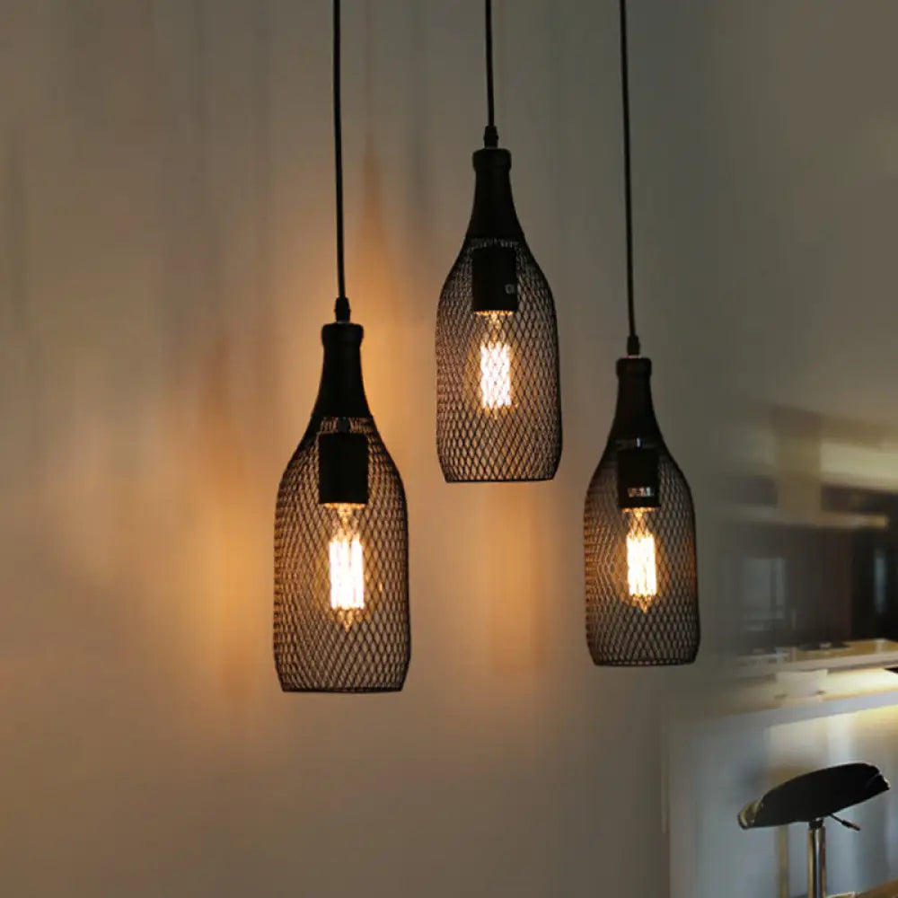 Industrial Style Black Bottle Mesh Pendant Light With 3/6 Lights - Ideal For Restaurants 3 / Linear