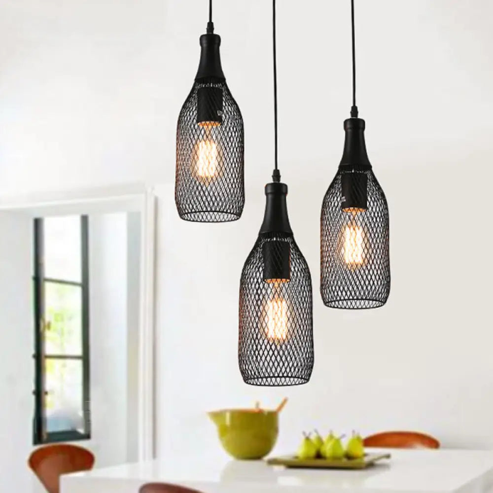 Industrial Style Black Bottle Mesh Pendant Light With 3/6 Lights - Ideal For Restaurants 3 / Round