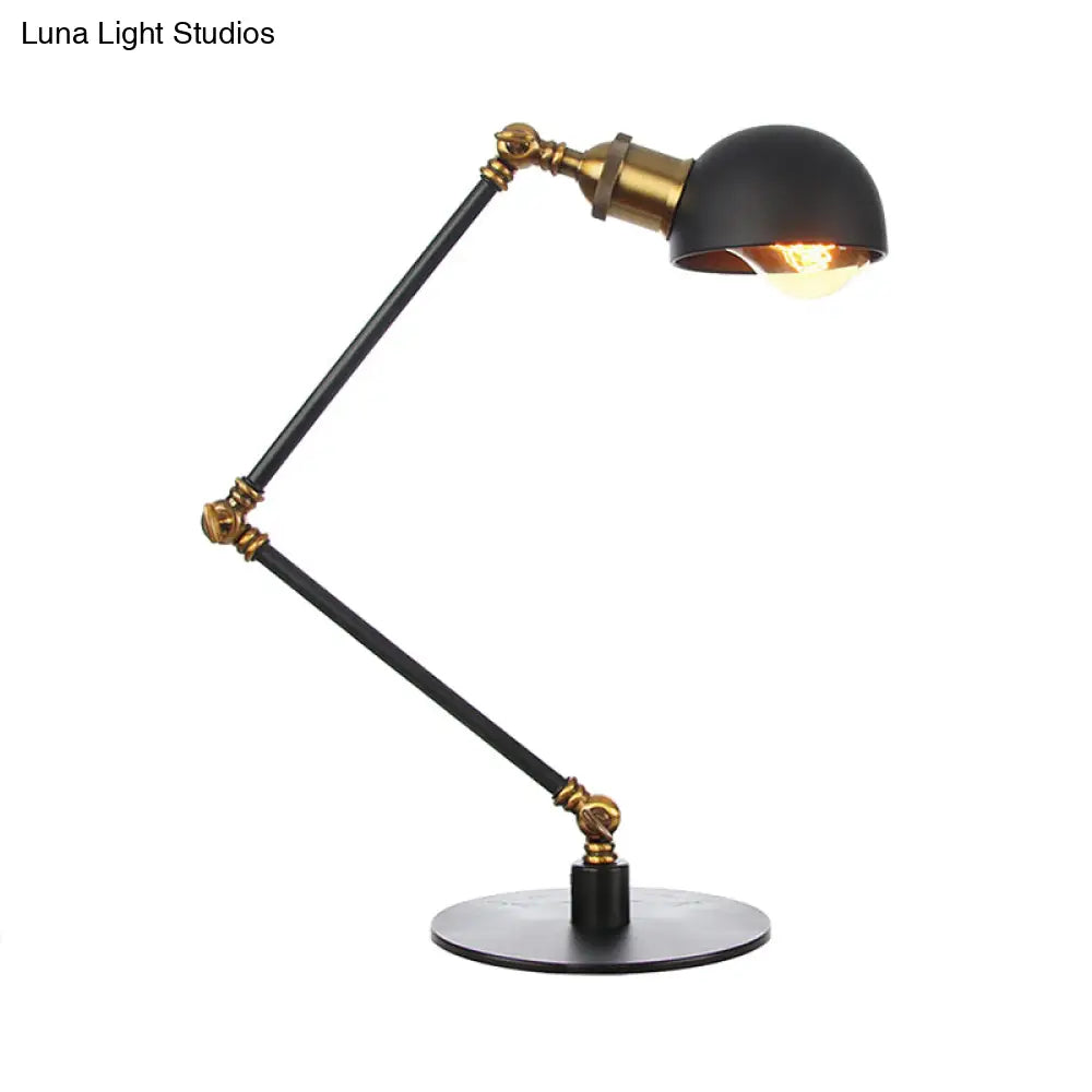 Industrial Style Black/Brass Domed Table Lamp With Adjustable Arm - Metallic 1-Bulb Lighting For