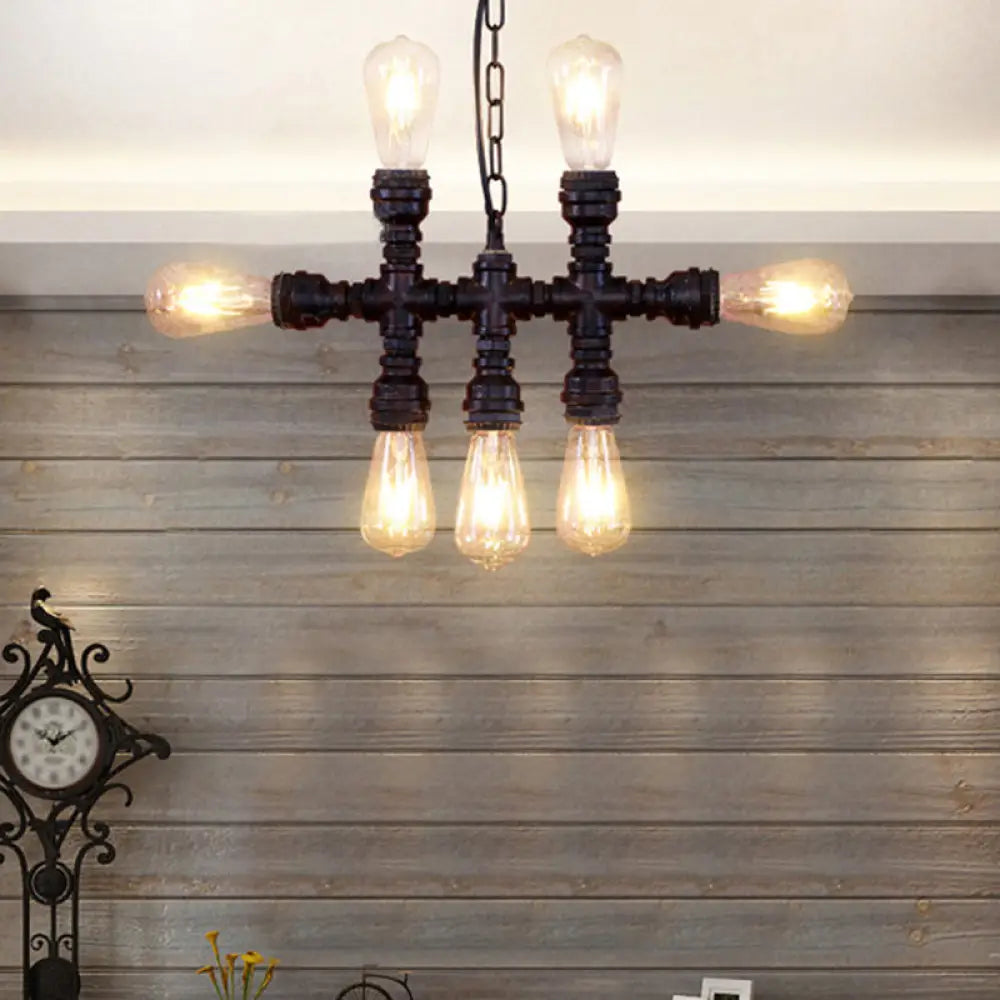 Industrial-Style Black Chandelier: 7-Head Wrought Iron Plumbing Pipe Pendant Light