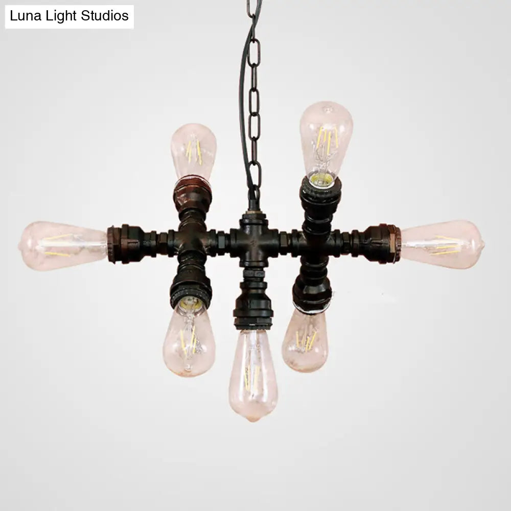 Industrial-Style Black 7-Head Chandelier: Wrought Iron Plumbing Pipe Pendant Light Fixture