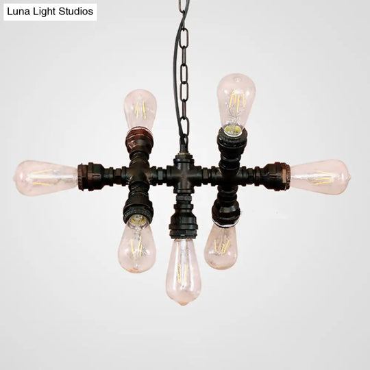 Industrial-Style Black 7-Head Chandelier: Wrought Iron Plumbing Pipe Pendant Light Fixture