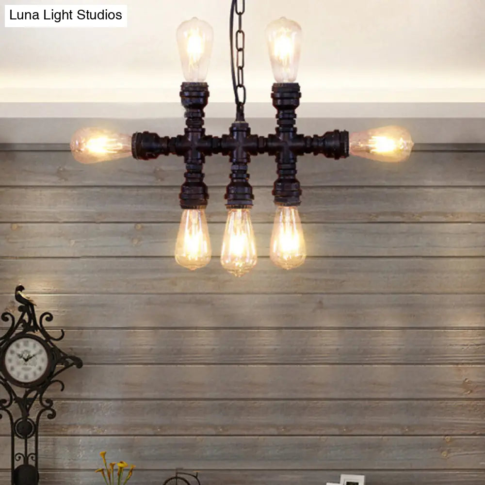 Industrial-Style Black 7-Head Chandelier: Wrought Iron Plumbing Pipe Pendant Light Fixture