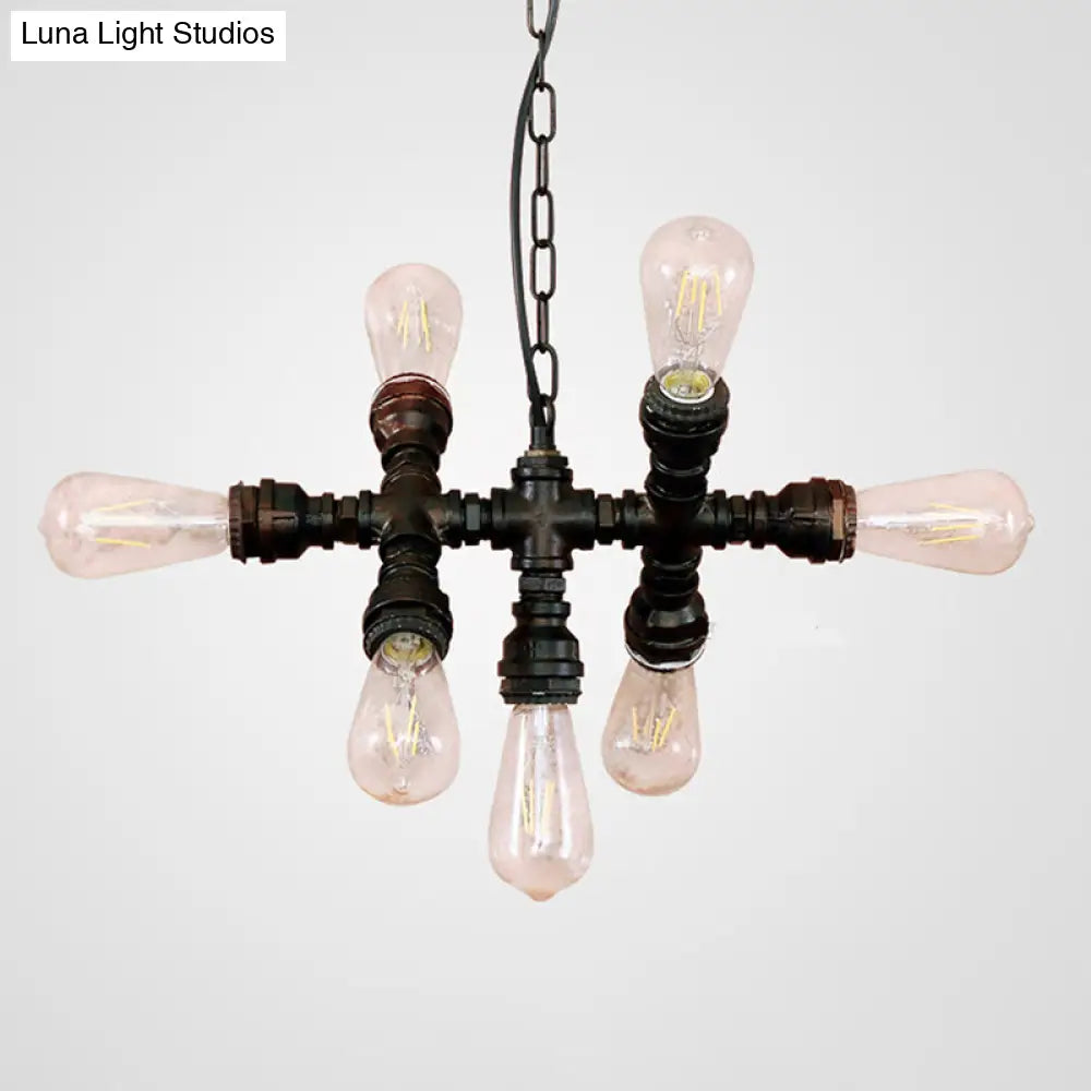 Industrial-Style Black Chandelier: 7-Head Wrought Iron Plumbing Pipe Pendant Light