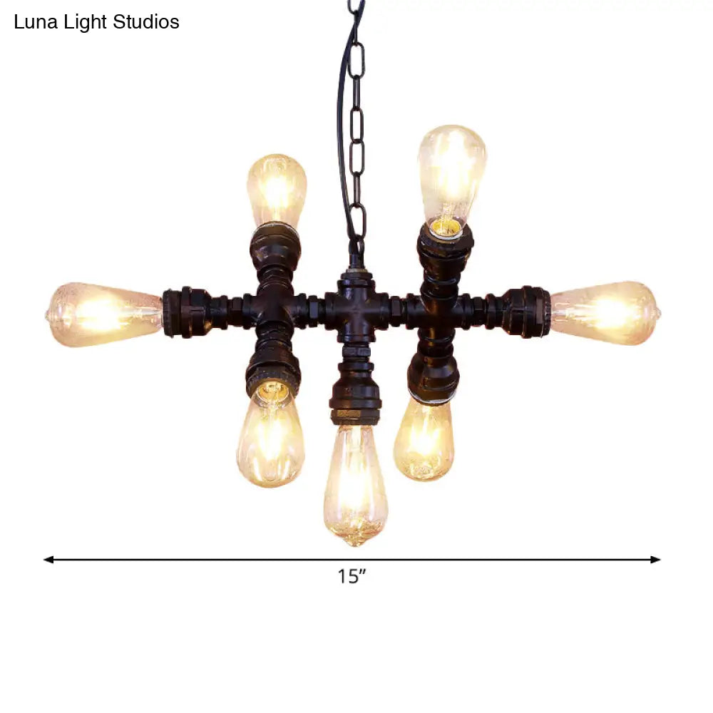 Industrial-Style Black Chandelier: 7-Head Wrought Iron Plumbing Pipe Pendant Light