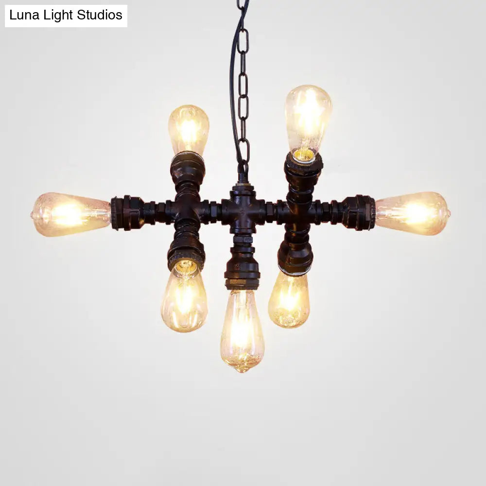 Industrial-Style Black 7-Head Chandelier: Wrought Iron Plumbing Pipe Pendant Light Fixture