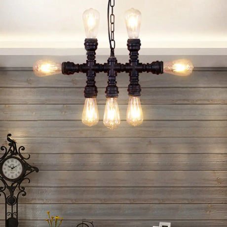 Industrial-Style Black Chandelier: 7-Head Wrought Iron Plumbing Pipe Pendant Light