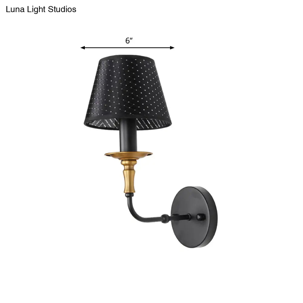 Industrial Style Black Fabric Sconce Lamp For Corridor - Tapered Head With Hollow Design 1 Light