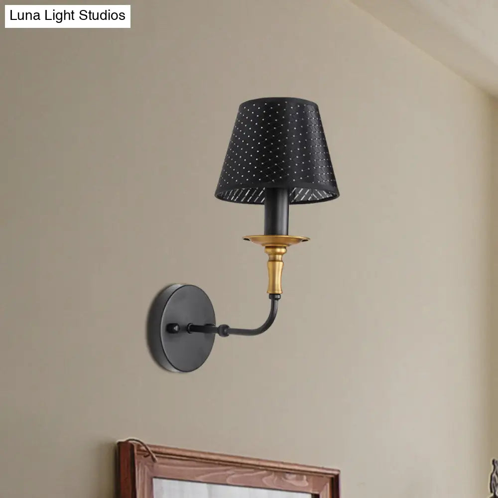 Industrial Style Black Fabric Sconce Lamp For Corridor - Tapered Head With Hollow Design 1 Light