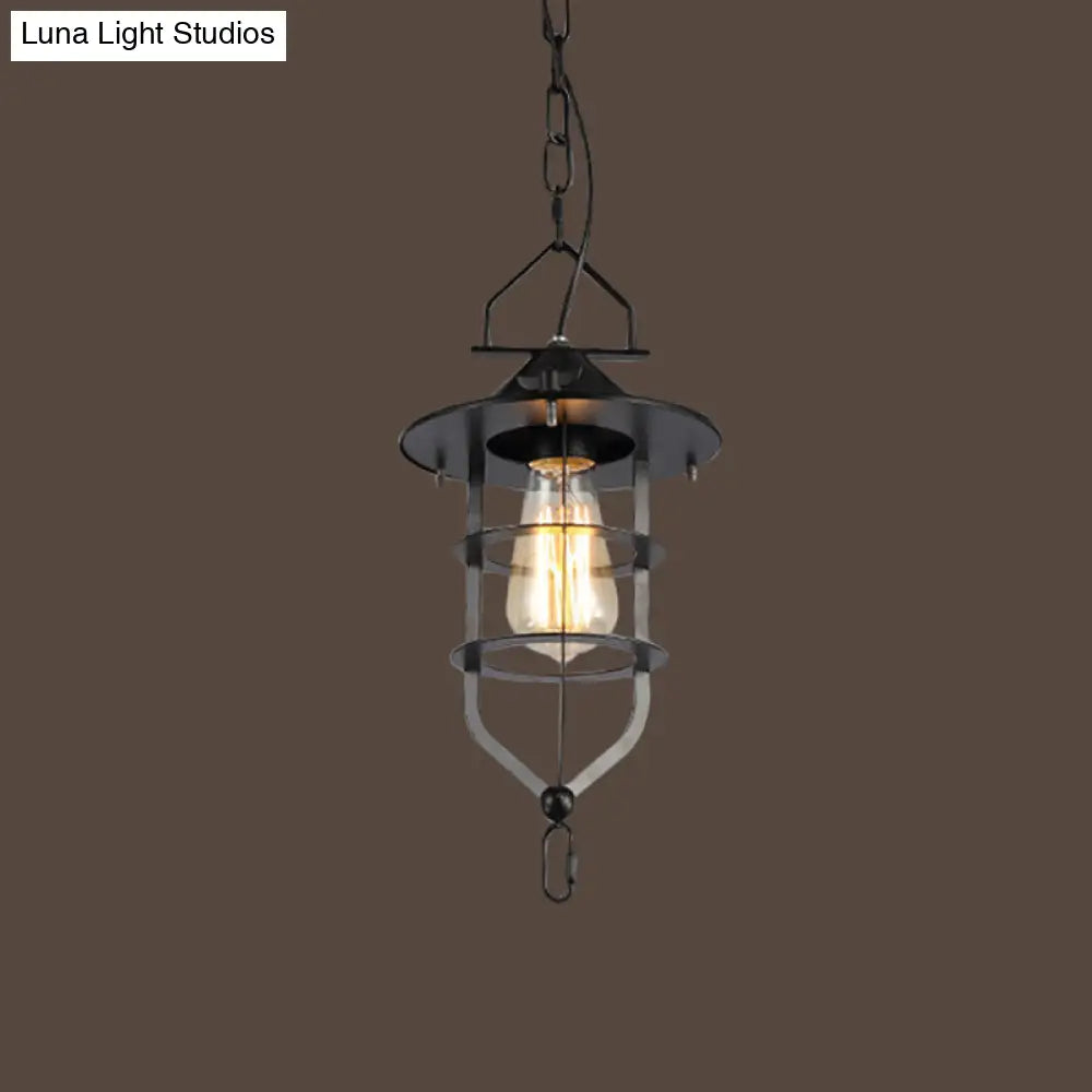 Industrial-Style Black Iron Pendant Lamp For Restaurants: 1-Light Bowl/Cage/Barn Design