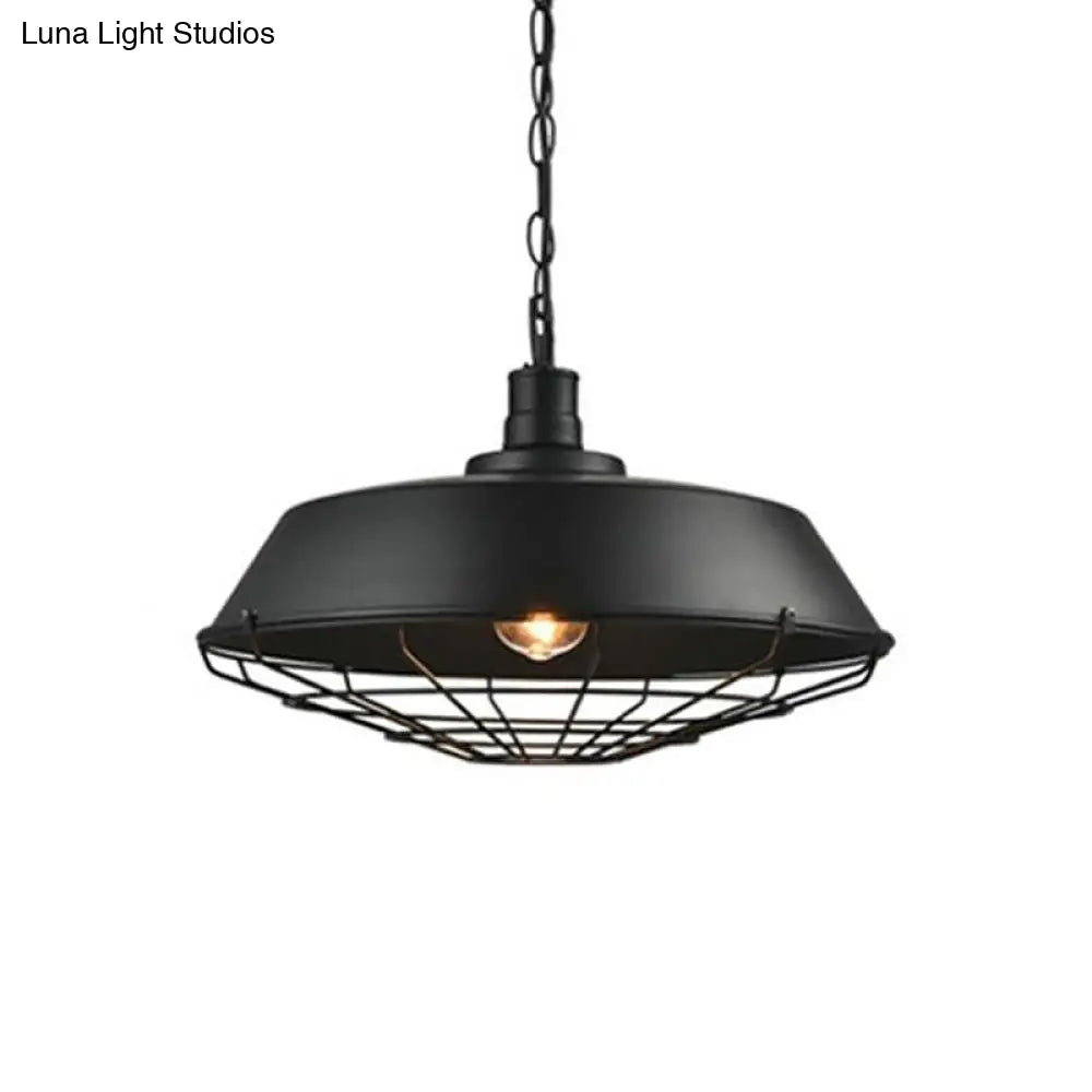 Industrial-Style Black Iron Pendant Lamp For Restaurants - 1-Light Bowl/Cage/Barn Design / B