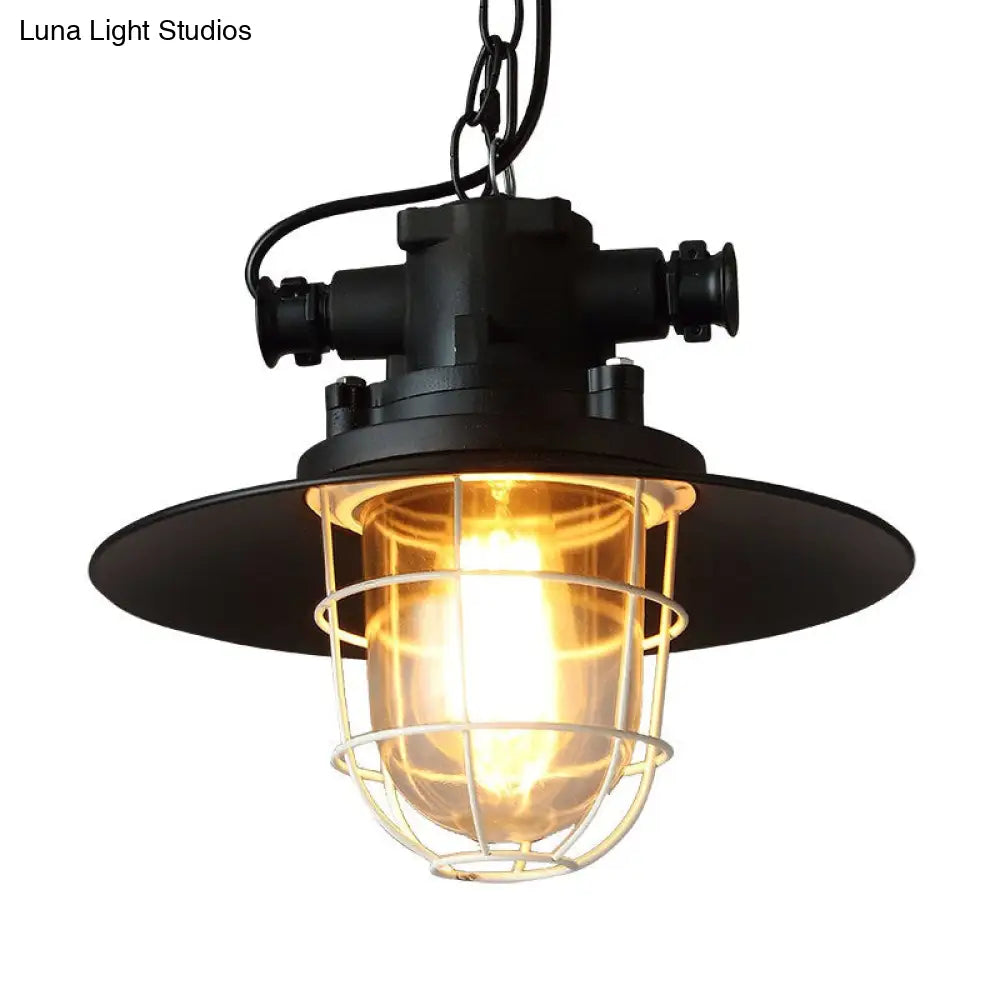 Industrial-Style Black Iron Pendant Lamp For Restaurants - 1-Light Bowl/Cage/Barn Design